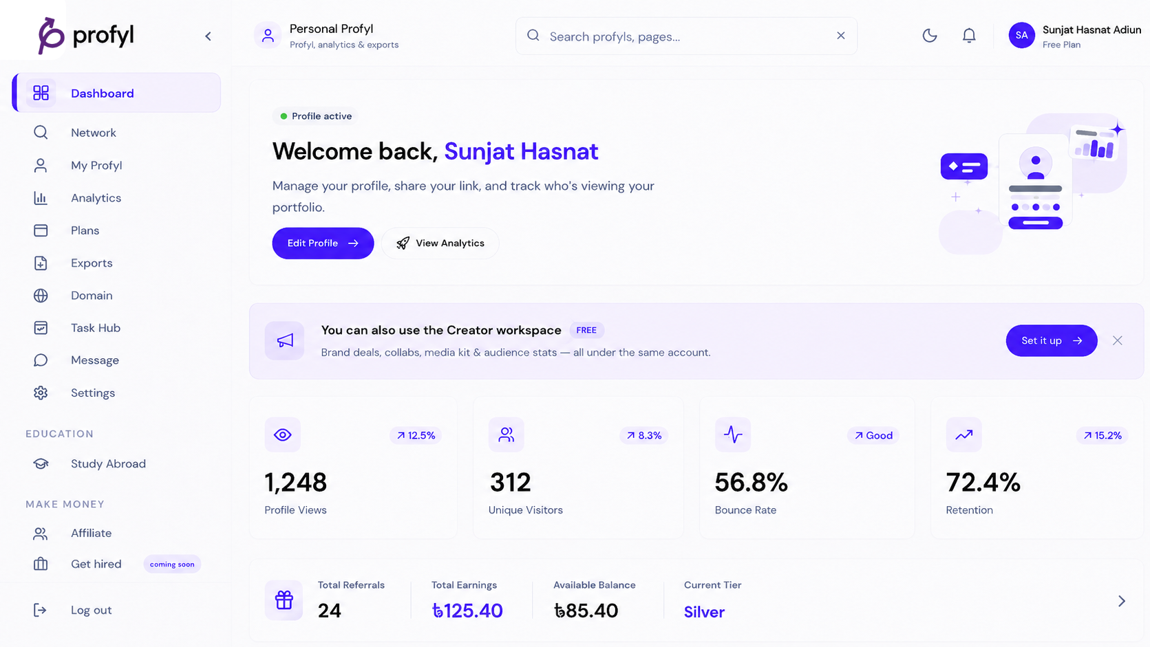 Profyl platform dashboard preview showing laptop and phone mockups